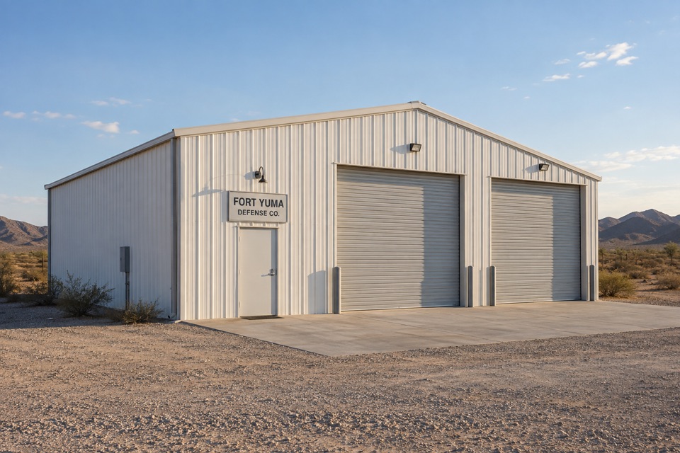 White prefab workshop in an Arizona desert setting, with two roll-up doors and a small Fort Yuma Defense Co. sign.