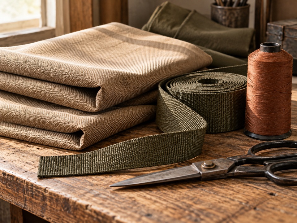Tan fabric, olive webbing, thread, and tailoring shears on a wooden surface.