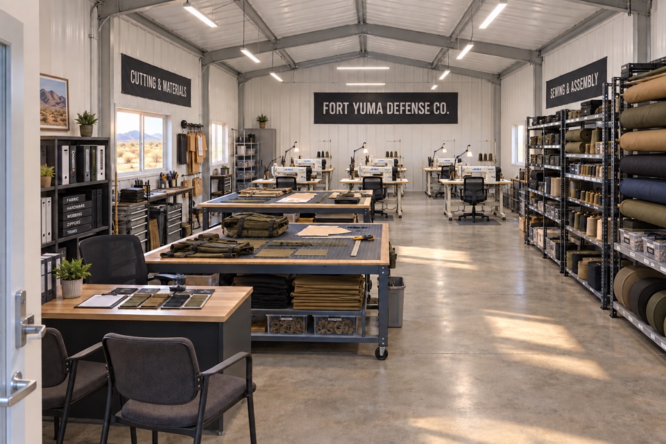 Technical sewing workshop with sample books, cutting tables, concrete floors, material racks, and six JUKI sewing stations.