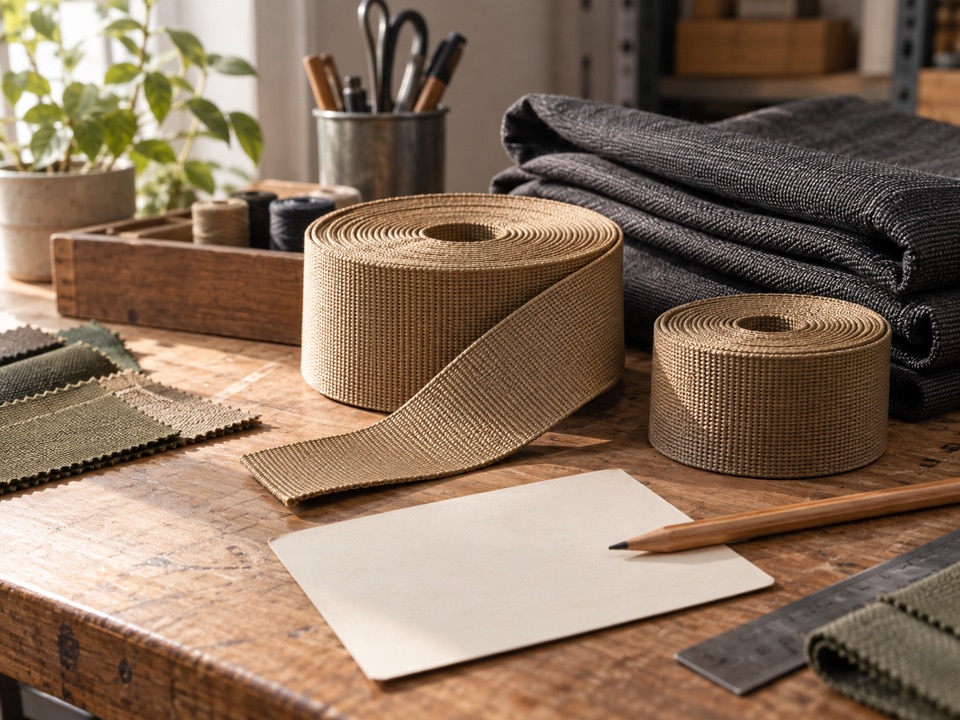 Rolled webbing, folded textile, a blank note card, and a pencil on a worktable.