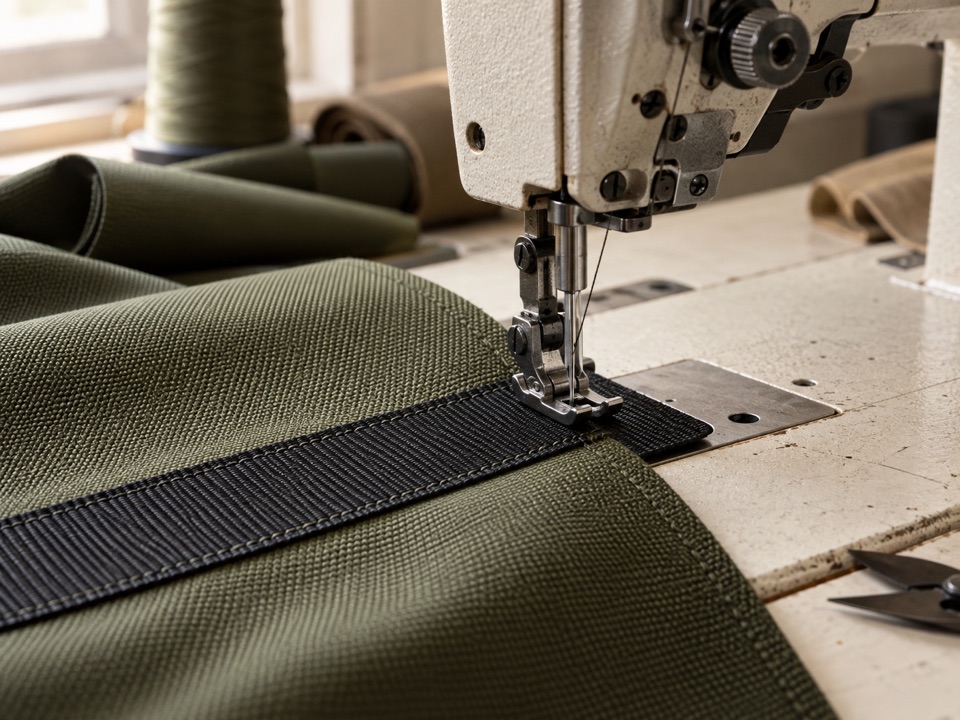 Close-up of an industrial sewing machine stitching black webbing onto olive woven fabric.