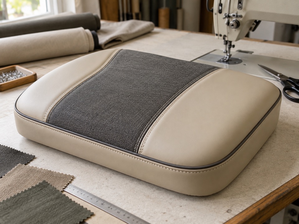 Beige seating cushion with stitched panel joins beside a bound textile panel.