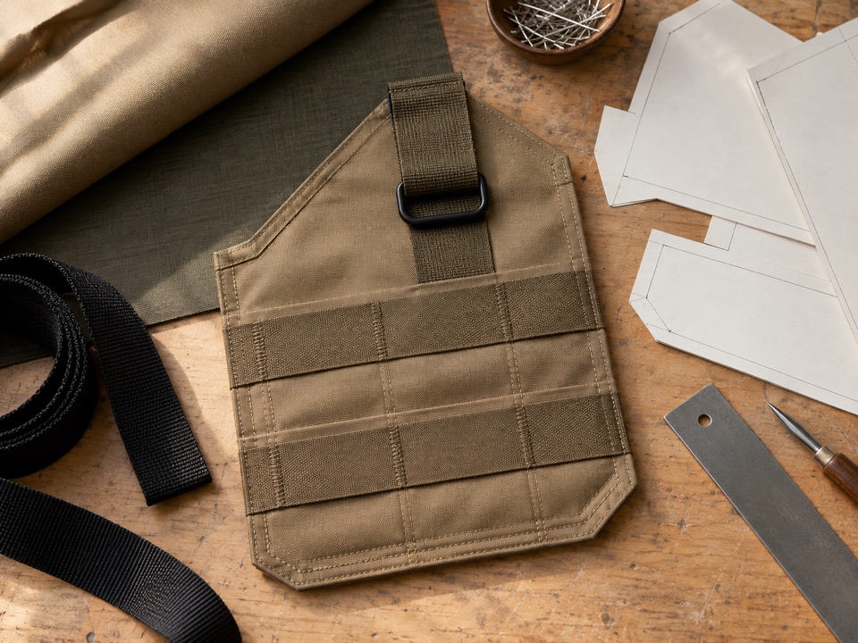 Tan textile assembly, webbing attachment, and plain pattern shapes prepared for review.