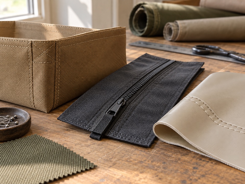 Woven fabric, zipper-panel, and vinyl-seam samples arranged for construction review.