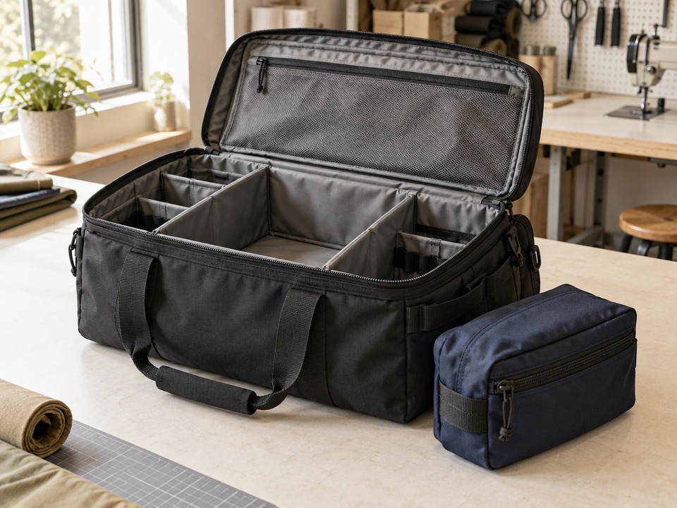Black field-equipment bag with empty compartments beside a navy equipment pouch.