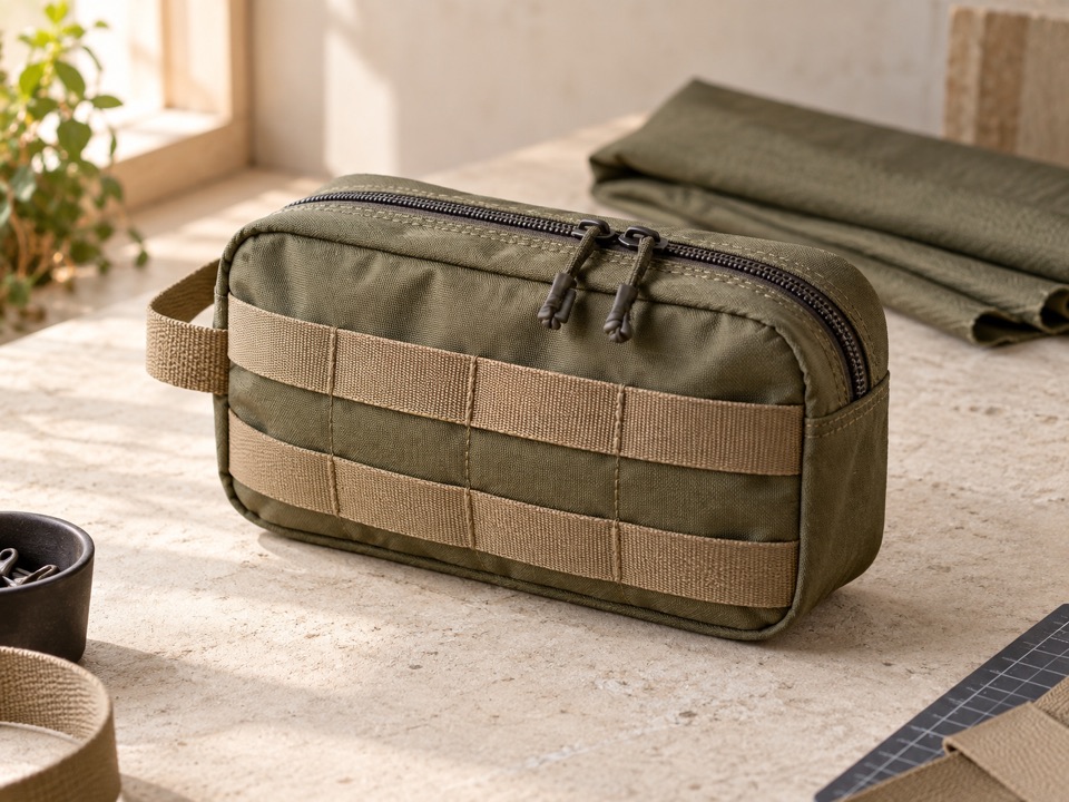 Olive equipment organizer with tan webbing, a black zipper, and a nylon material swatch.