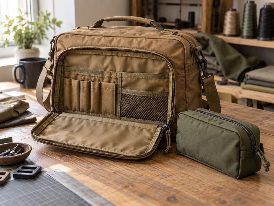 Tan field bag with an open organizer and an olive equipment pouch.