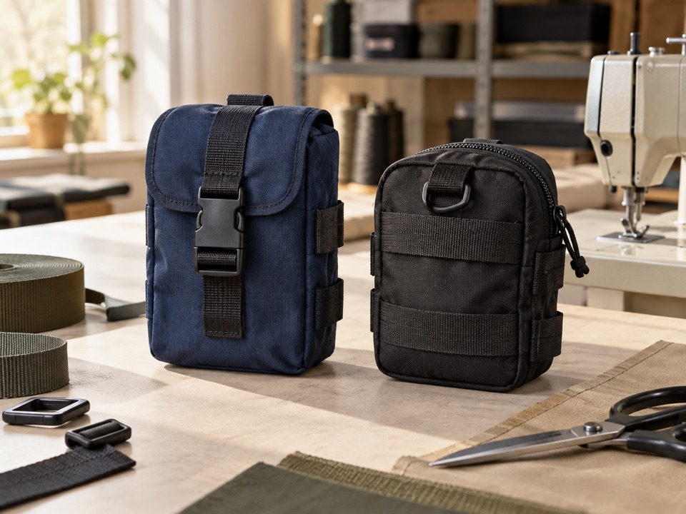 Navy and black equipment pouches with closure and webbing attachment details.