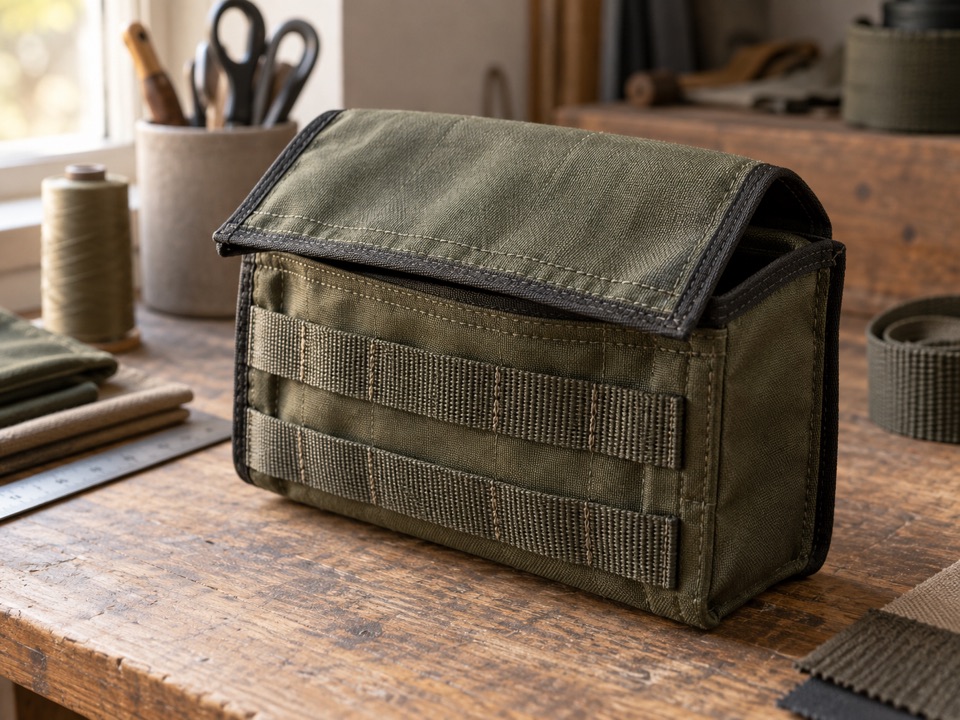 Pouch closure and attachment details | Fort Yuma Defense Co. Olive equipment pouch with an open flap, bound edges, and webbing channels.