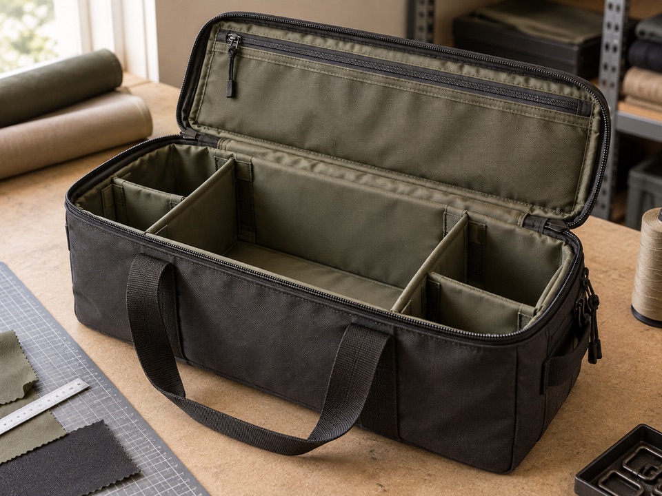 Open textile equipment bag with sewn dividers, empty compartments, and webbing handles.