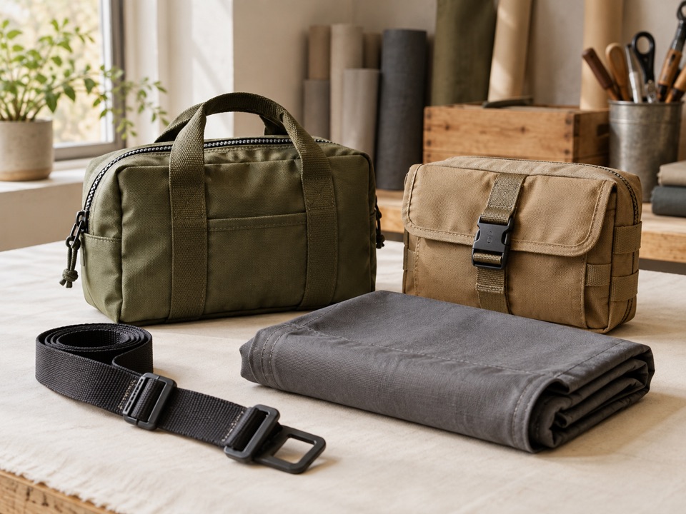 An equipment bag, utility pouch, folded cover, and webbing strap on a neutral surface.