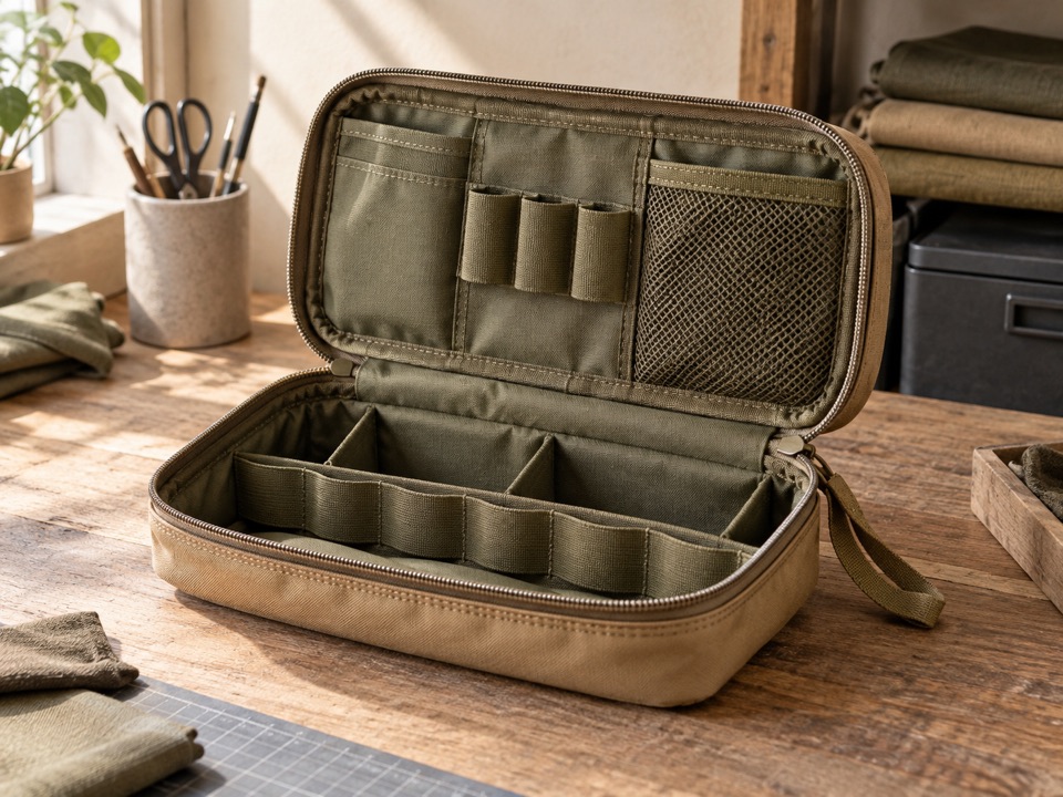 Open clamshell organizer bag with empty compartments and elastic retention loops.