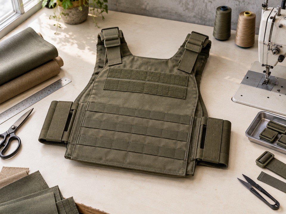 An empty textile carrier shell laid flat with shoulder straps and attachment rows visible.