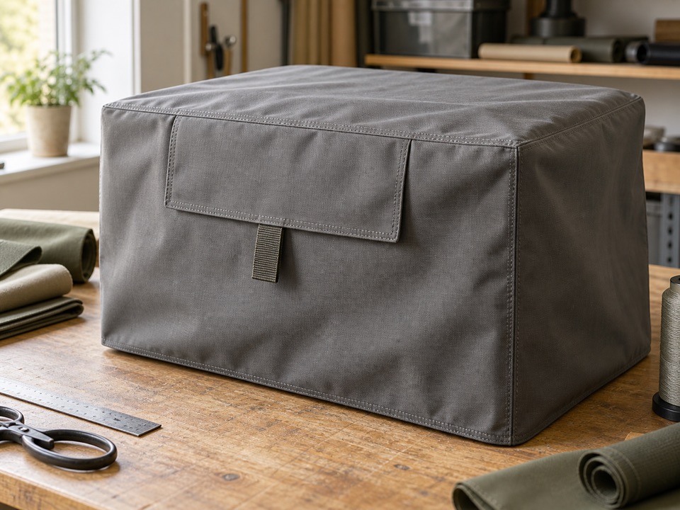 Cover seams and access openings | Fort Yuma Defense Co. Gray fitted textile cover showing a corner seam, access flap, and pull tab.