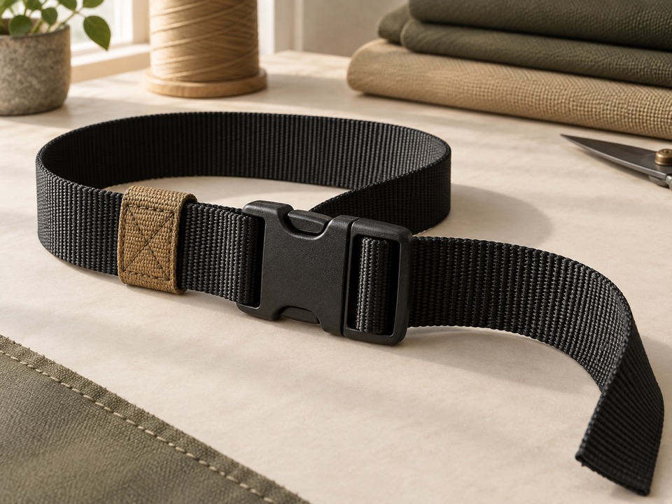 Black adjustable webbing strap with a side-release buckle and tan sewn loop.
