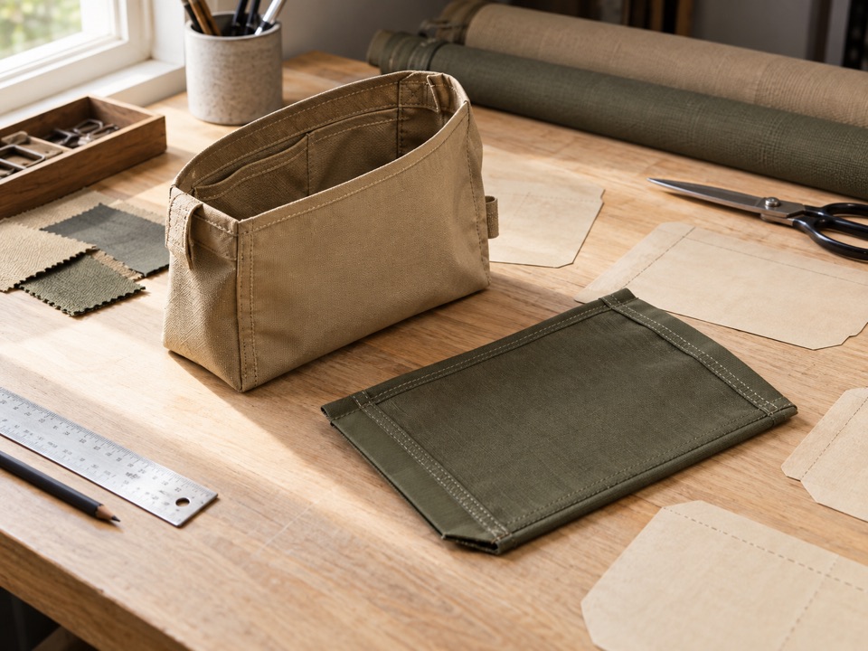 Textile development samples and plain paper templates showing construction details.