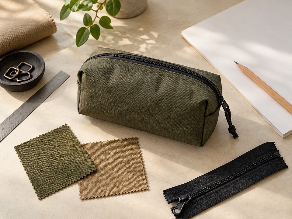 A sample pouch, material swatches, zipper component, and blank project sheet.