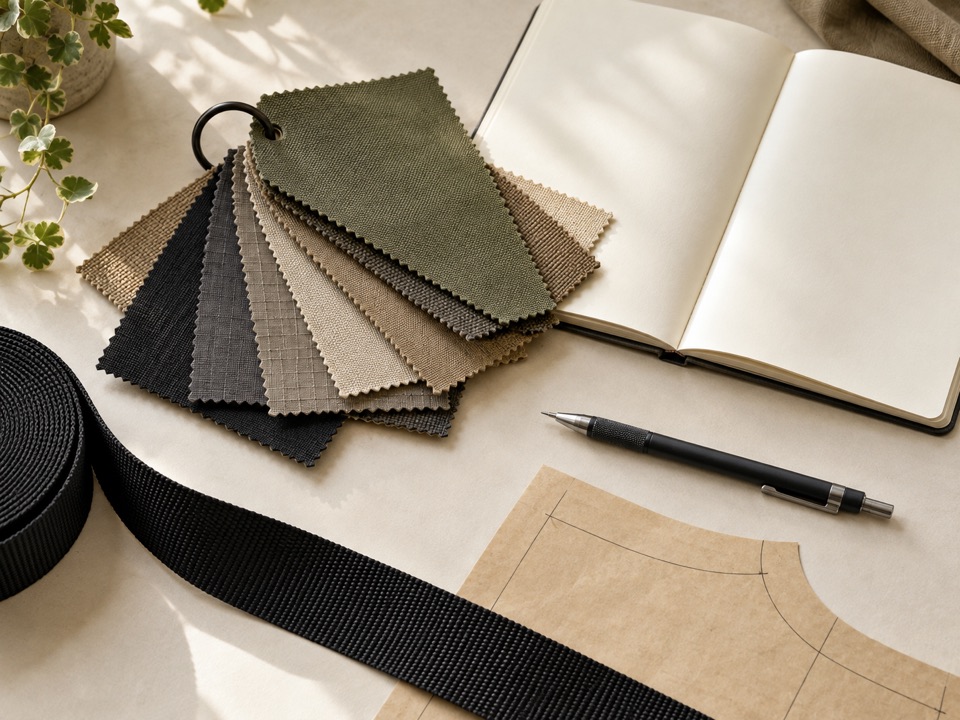 Fabric swatches and pattern materials | Fort Yuma Defense Co. Fabric swatches, a blank notebook, pencil, webbing, and a paper pattern.