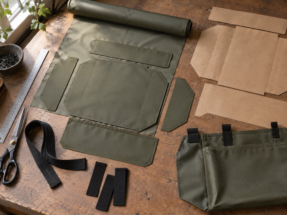 Cut nylon panels, kraft-paper patterns, and webbing tabs prepared for assembly.