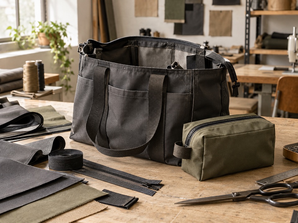 A charcoal bag and olive pouch showing zipper and handle construction.