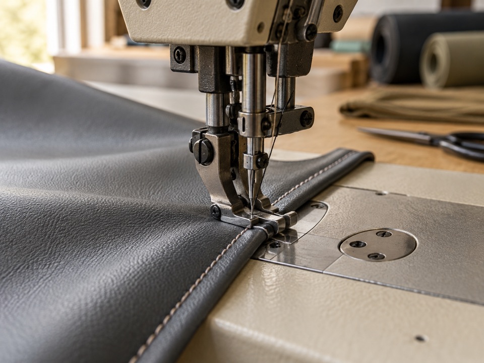 Industrial stitching through layered gray vinyl with a bound edge.