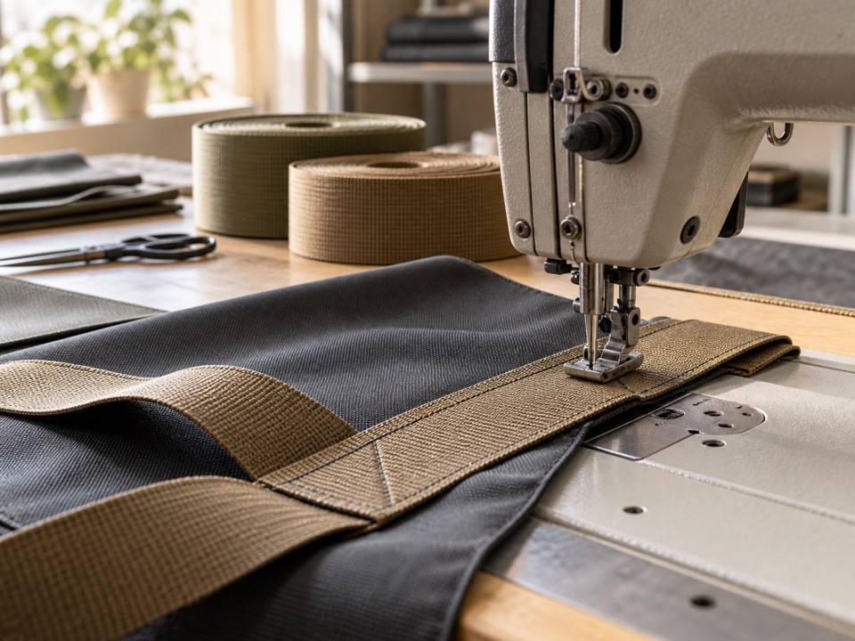 An industrial sewing machine beside layered nylon fabric and tan webbing.