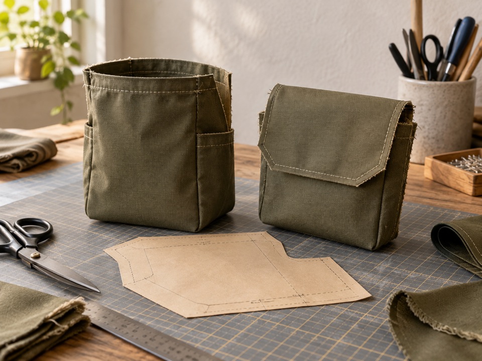 Pouch samples and pattern pieces | Fort Yuma Defense Co. Two pouch sample configurations beside a paper pattern and folded fabric.