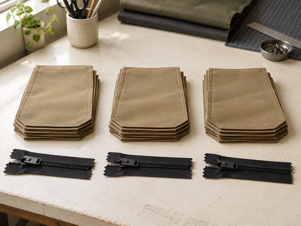 Cut panels ready for assembly | Fort Yuma Defense Co. Three small stacks of cut textile panels with zipper assemblies on a worktable.
