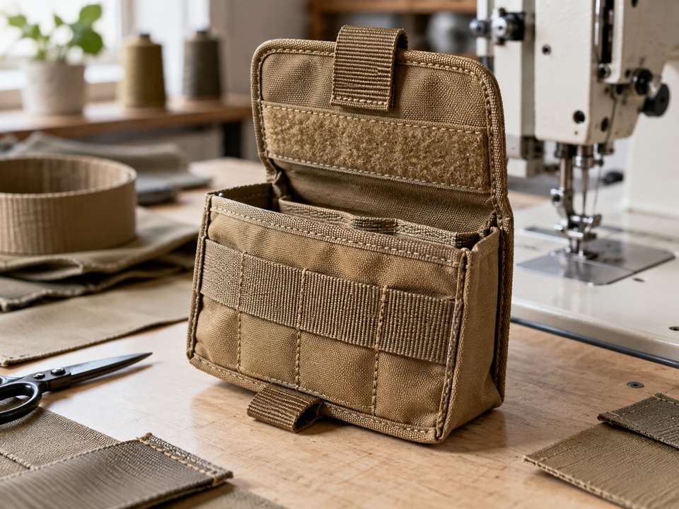 A tan utility pouch with its flap open and webbing attachment details visible.