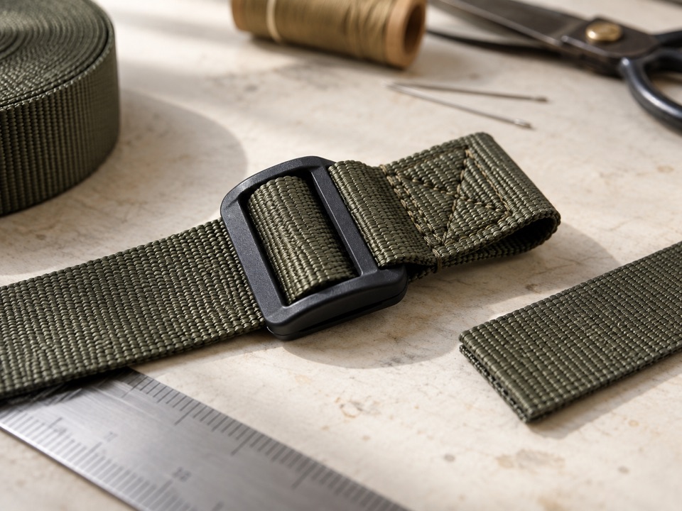 Olive webbing threaded through an adjustment buckle beside a stitched attachment tab.
