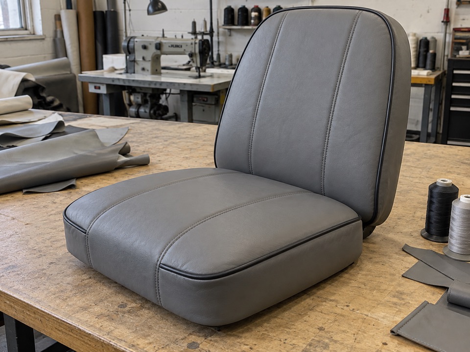 Gray aircraft seat cushion and backrest upholstery with curved seams and dark piping on a workbench.