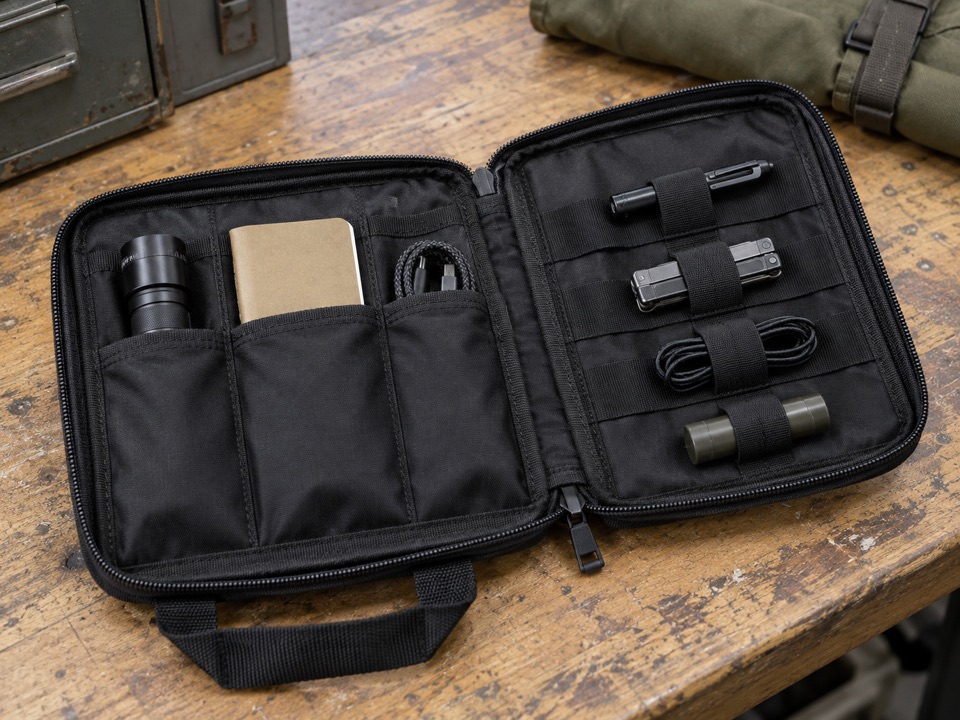 Open black equipment organizer with divided pockets and elastic loops on a workshop table.