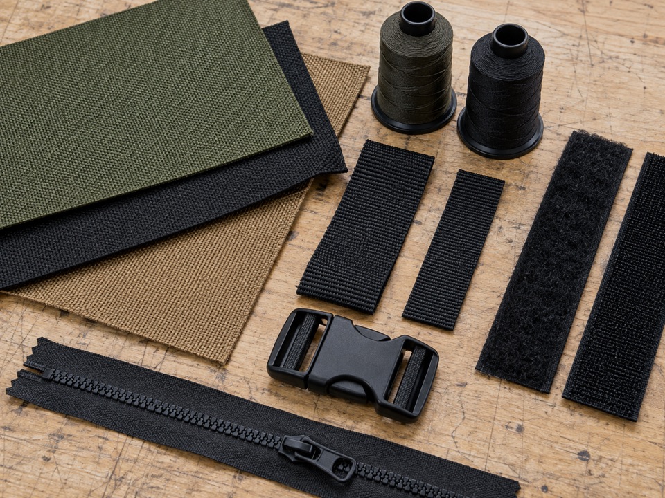Fabric, webbing, and hardware | Fort Yuma Defense Co. Olive, black, and tan fabric swatches beside nylon webbing, zipper tape, buckles, and bonded thread.