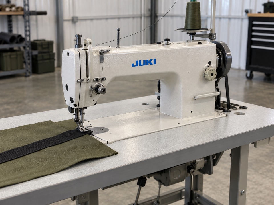 Industrial sewing equipment | Fort Yuma Defense Co. White JUKI industrial walking-foot sewing machine with olive fabric and black webbing beneath the presser foot.
