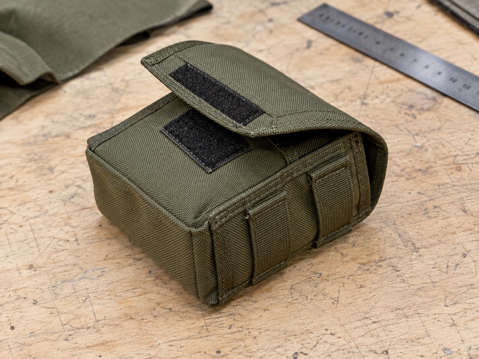 Olive utility pouch with a raised flap, reinforced seams, and webbing attachment loops on a cutting table.