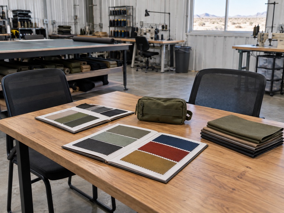 Fabric sample books, a sewn pouch, and material swatches on a small reception table beside a sewing workshop.